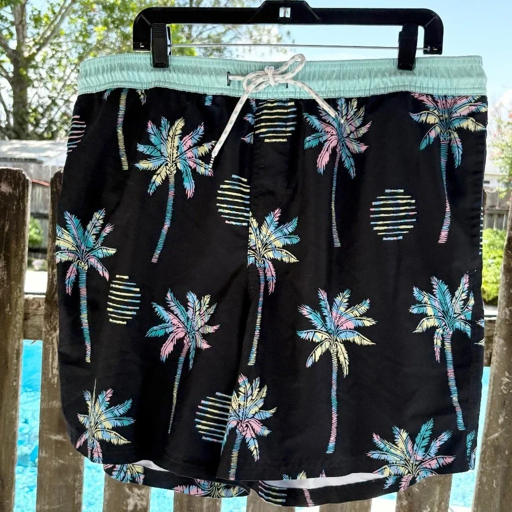 Original Use Swim Trunks Palm Tree Print, Mens XL‎ Black/Mint